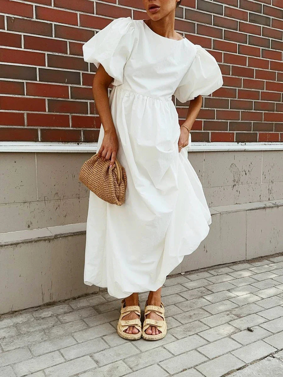 Oversized Cotton Bubble Sleeve Long Dress for Women
