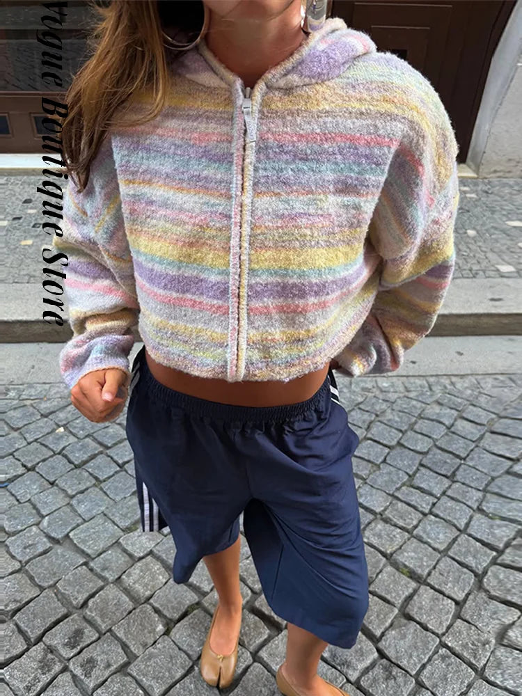Colorful Rainbow Stripe Hooded Knit Cardigan for Women