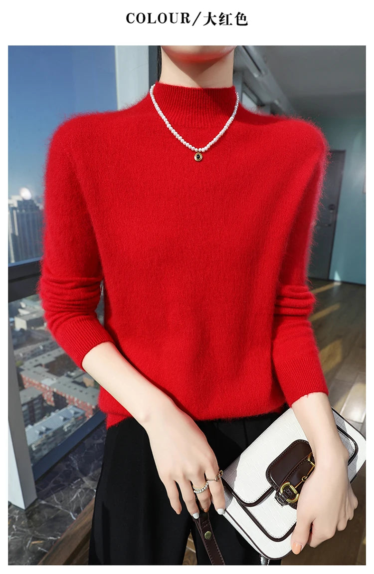 Loose Cashmere Knit Half High Neck Pullover Sweater for Women