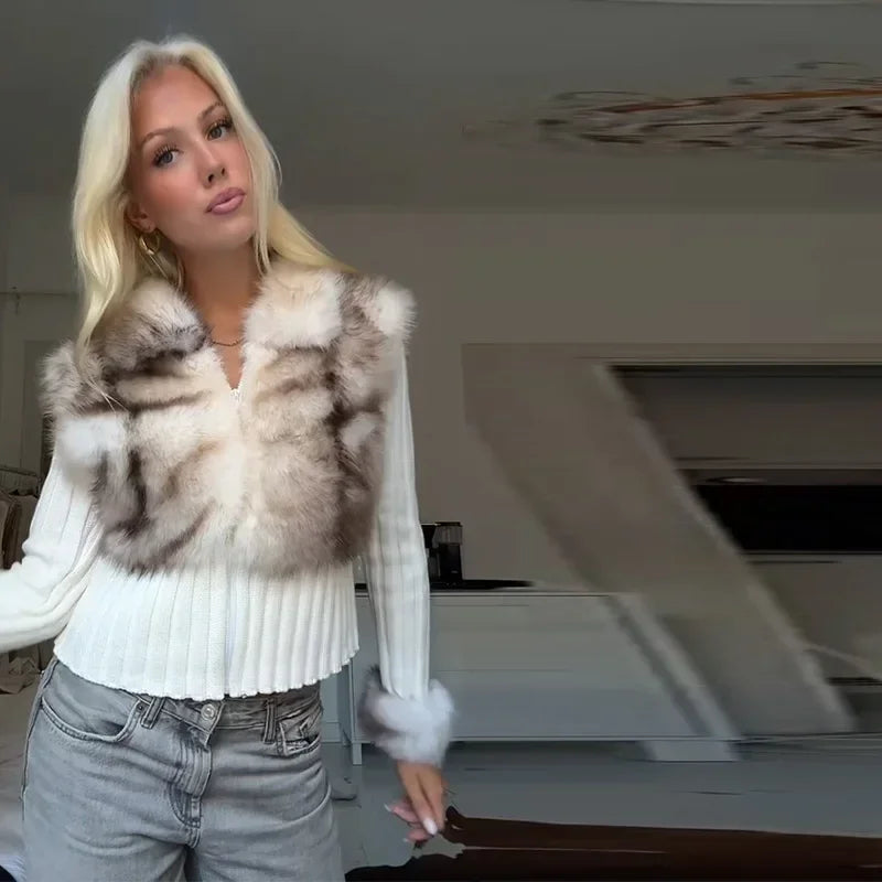 Cozy Luxe Faux Fur Patchwork Knit Cardigan for Women