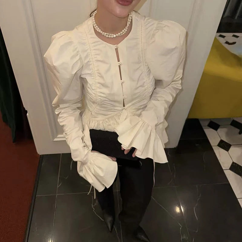 Casual Hollow Out Lace Tie Up Long Sleeve Blouse for Women