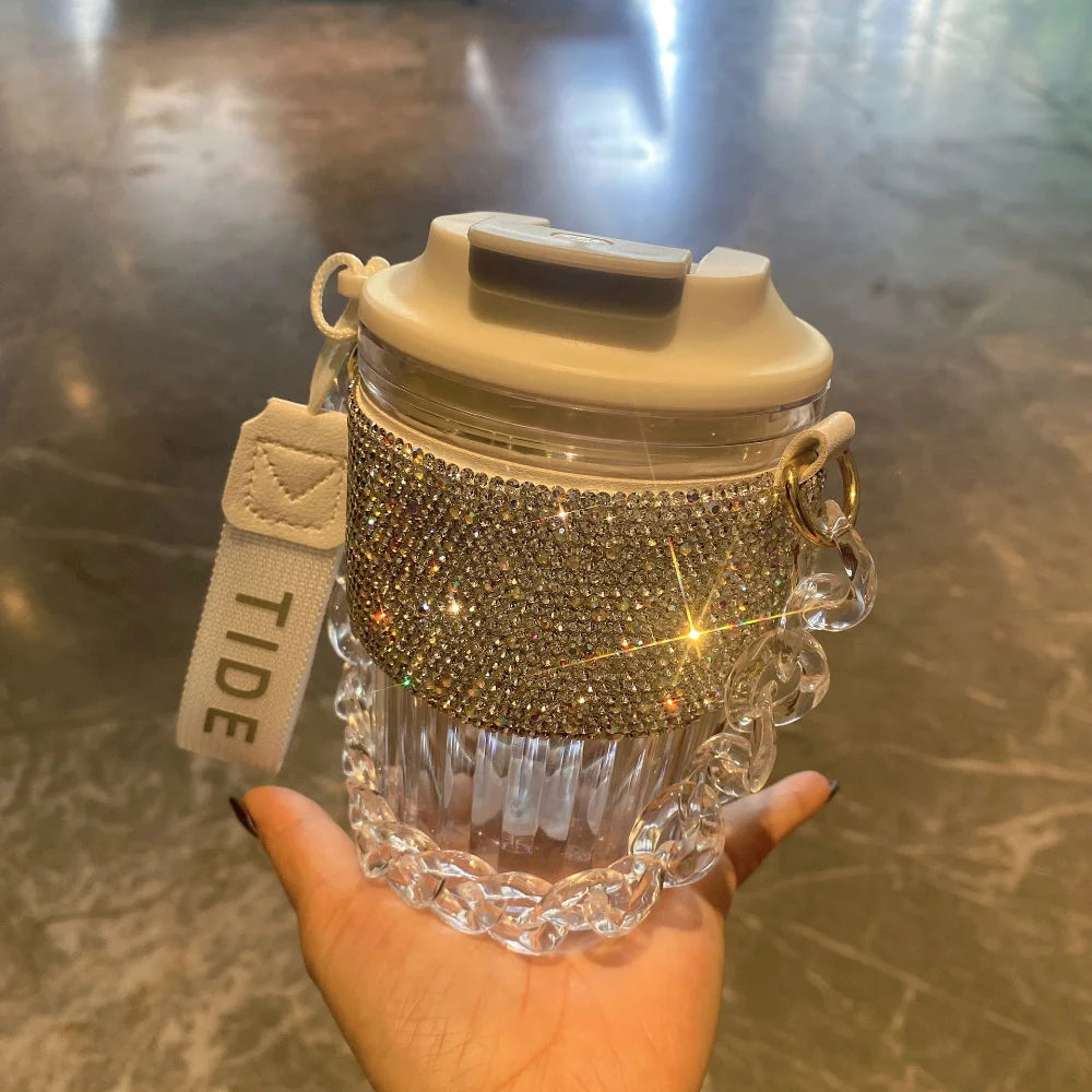 Portable Rhinestone Glass Coffee Cup With Chain for Women