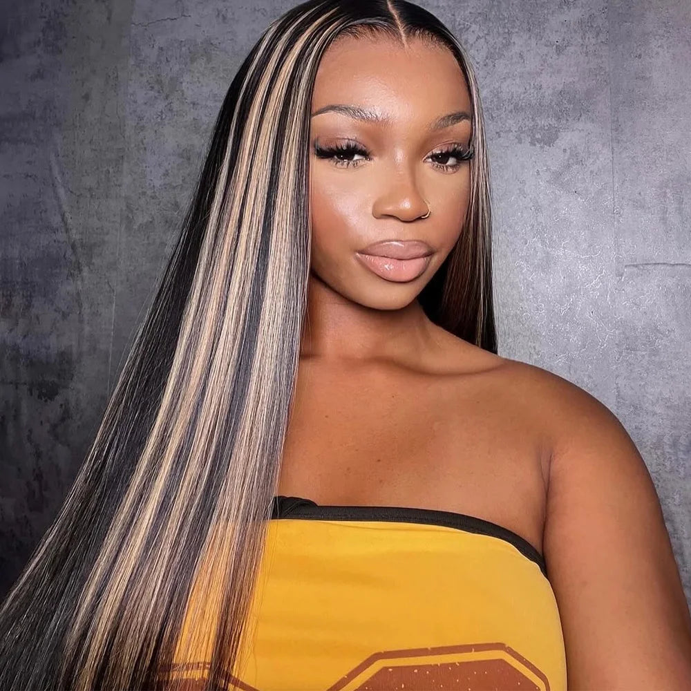 Uniisoe Highlight 613 with Black Straight Lace Front Human Hair Wigs 36 inch 200% Black Women13x4 Transparent Lace Brazilian Wig