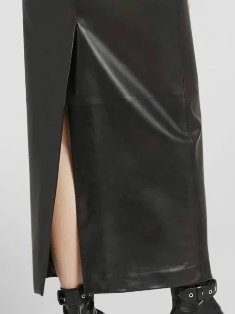 Vintage Faux Leather High Waist Midi Skirt for Women