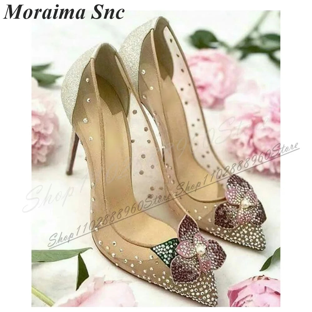 Elegant Mesh Crystal Floral Pointed Toe Pumps For Women