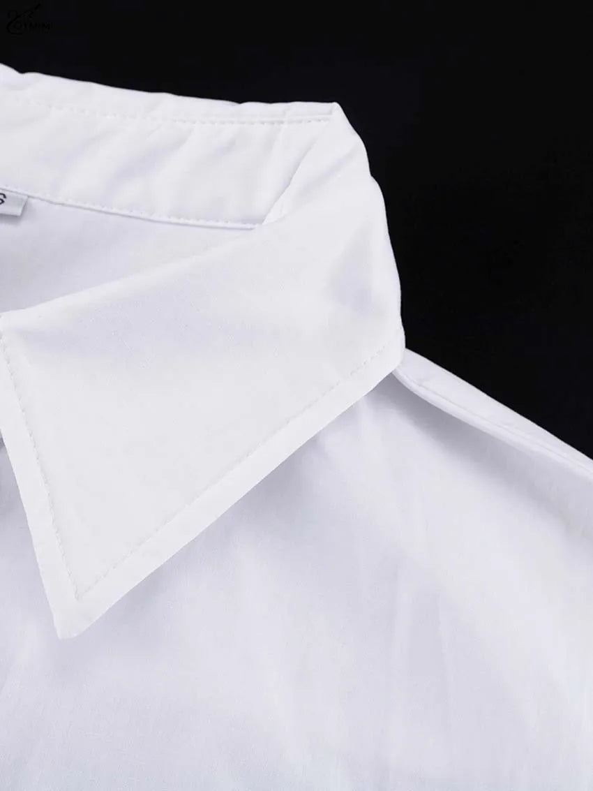 Oymimi Elegant White Lapel Women's Dress Fashion Three Quarter Sleeve Pockets Dresses Casual Button Pleated Ankle-Length Dresses