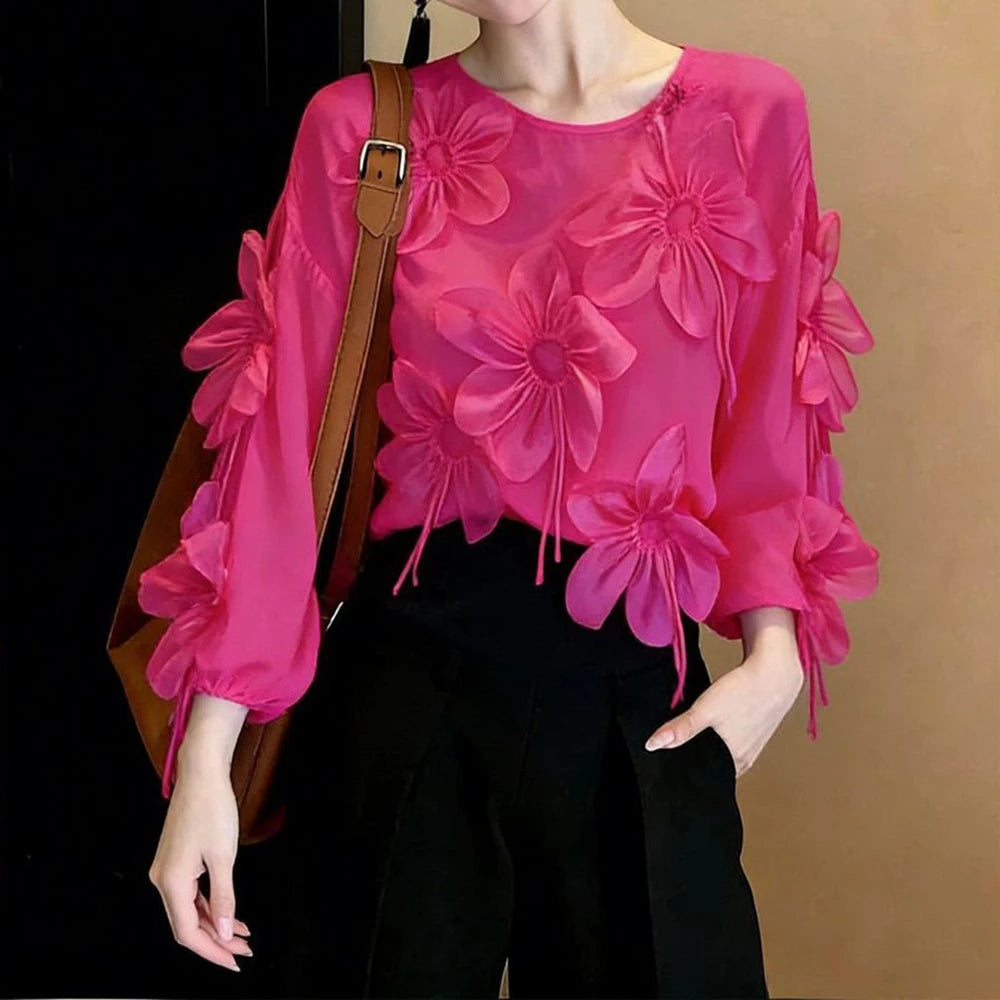Three Dimensional Flower Lightweight Long Sleeve Top for Women