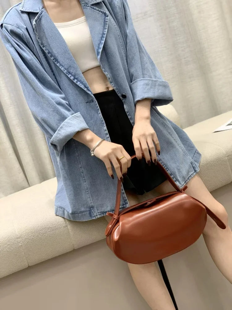 Circular Three-dimensional Bowling Bag For Women Fashion Leather Ruched Top Handle Handbags Casual Shoulder Crossbody Bag Purses