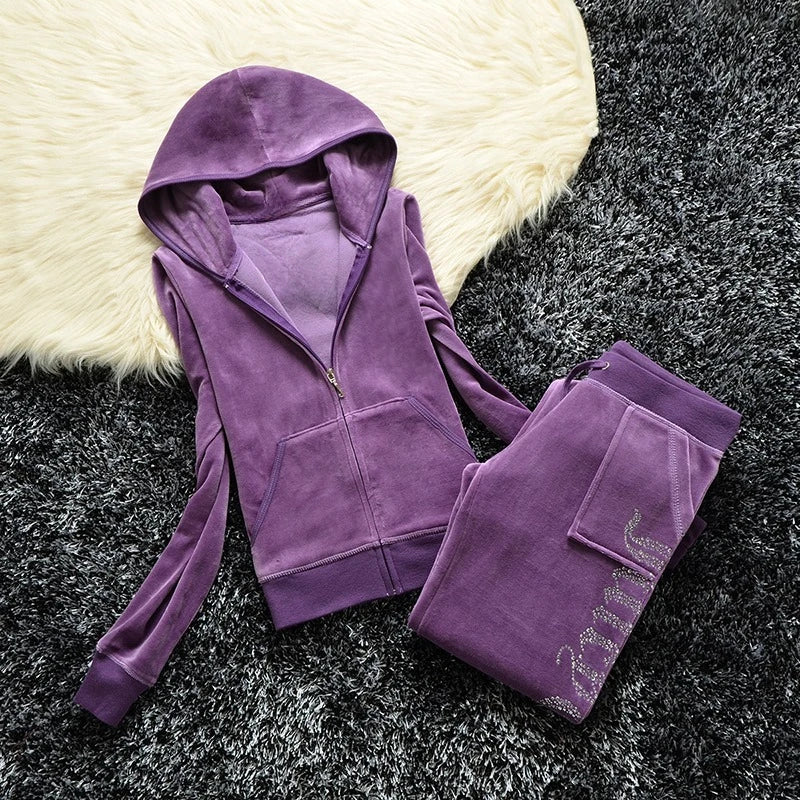 Y2K Velvet Rhinestone Two Piece Tracksuit Set for Women