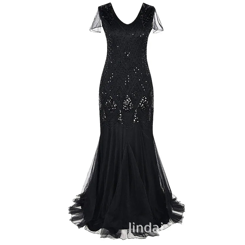 Sequined Beaded Mermaid Dress With V Neck for Women