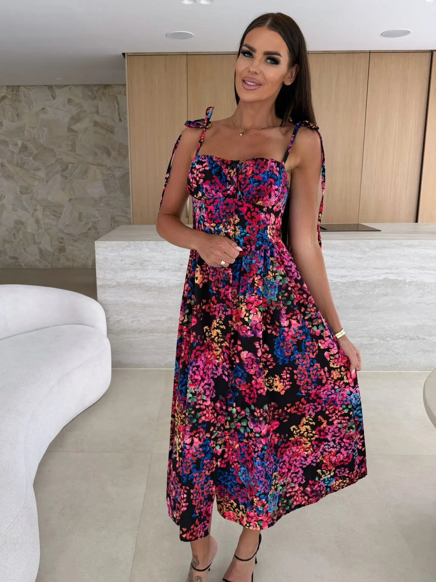 Boho Print Sleeveless A-Line Casual Midi Dress for Women