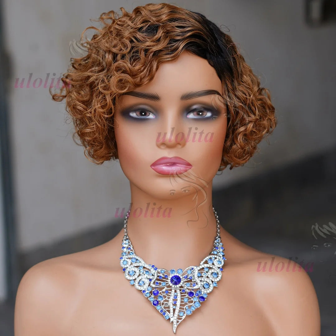 Ombre Pixie Cut Curly Bob Human Hair Wig for Women
