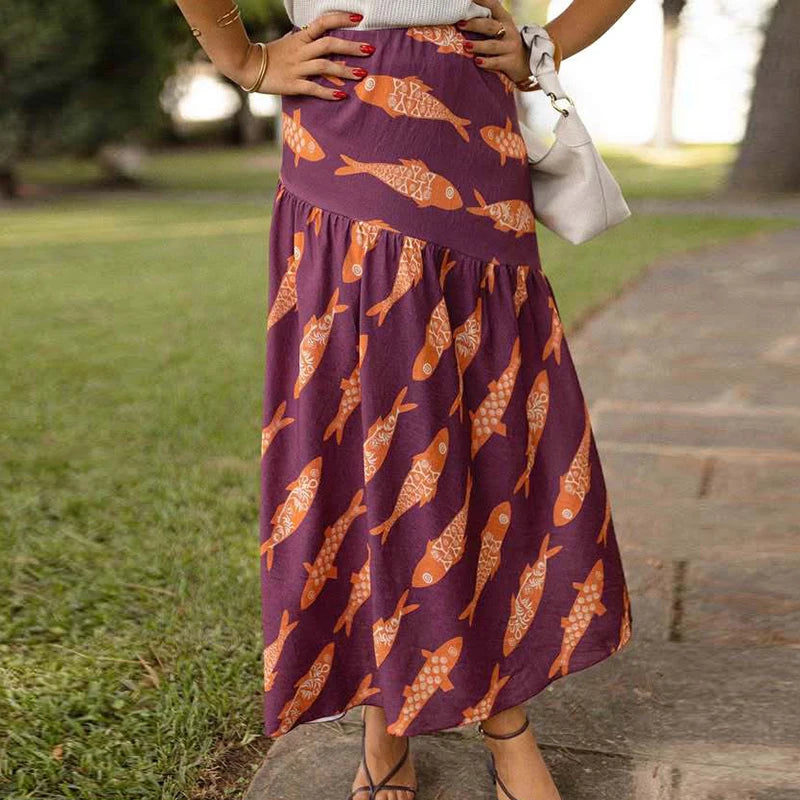Women Autumn Beach Style Sexy Skirts, 2025 Patchwork Chic Elegant Fashion Skirts, Holiday Simple Retro Print Ladies Maxi Skirts