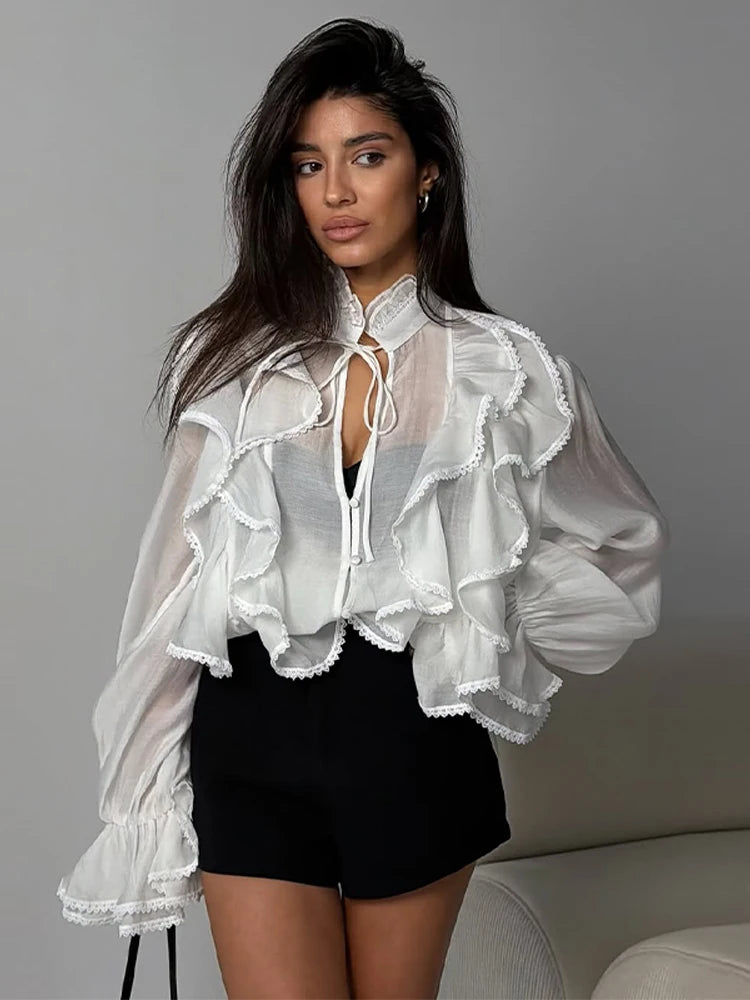 Elegant Long Sleeve Cascading Ruffle Blouse for Women
