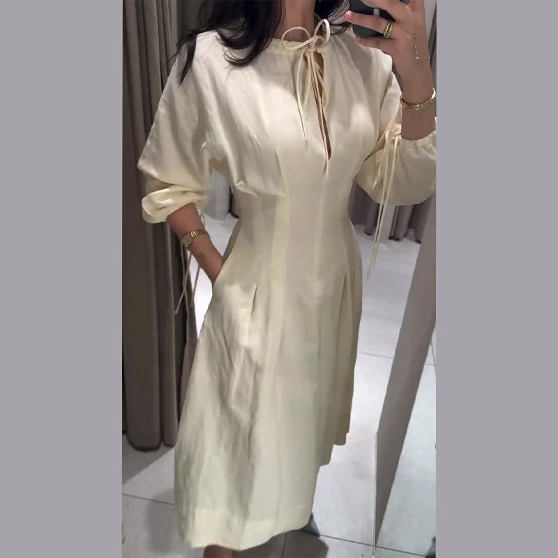 Lace Up Pleated Lantern Sleeve Midi Dress for Women