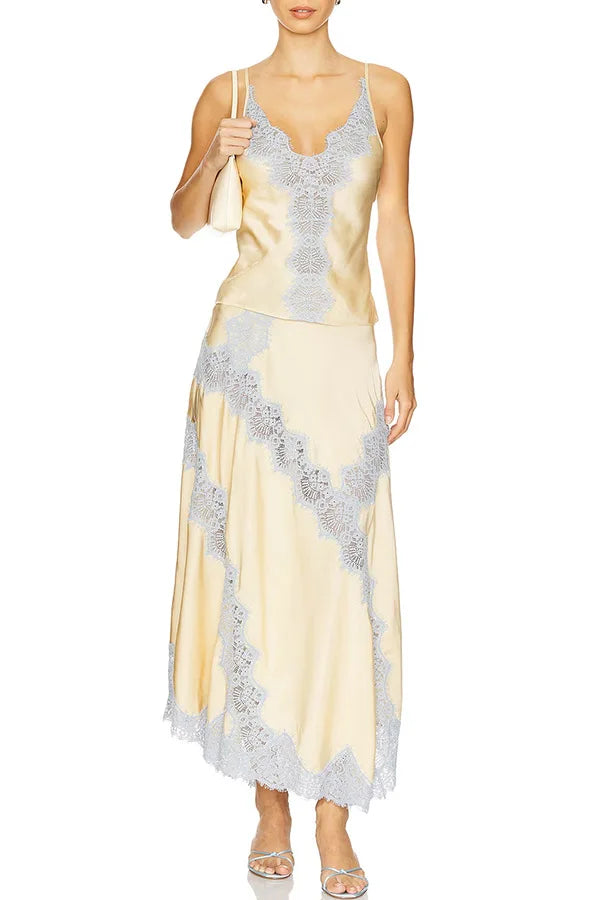 See-Through Lace Patchwork Two Piece Set for Women