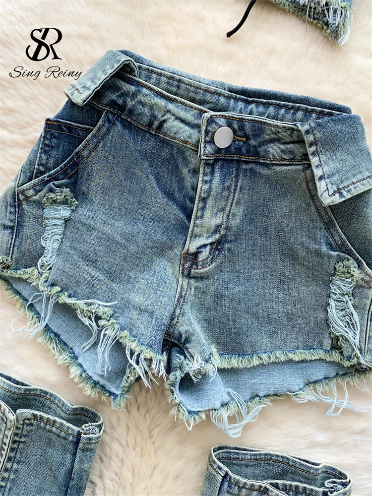 Edgy Summer Denim Three Piece Set With Shorts for Women
