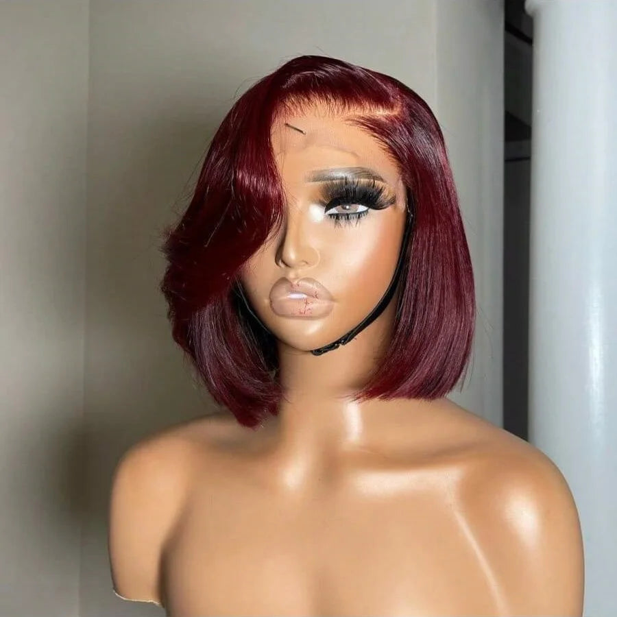 Elegant Burgundy Straight Lace Front Human Hair Bob Wig for Women