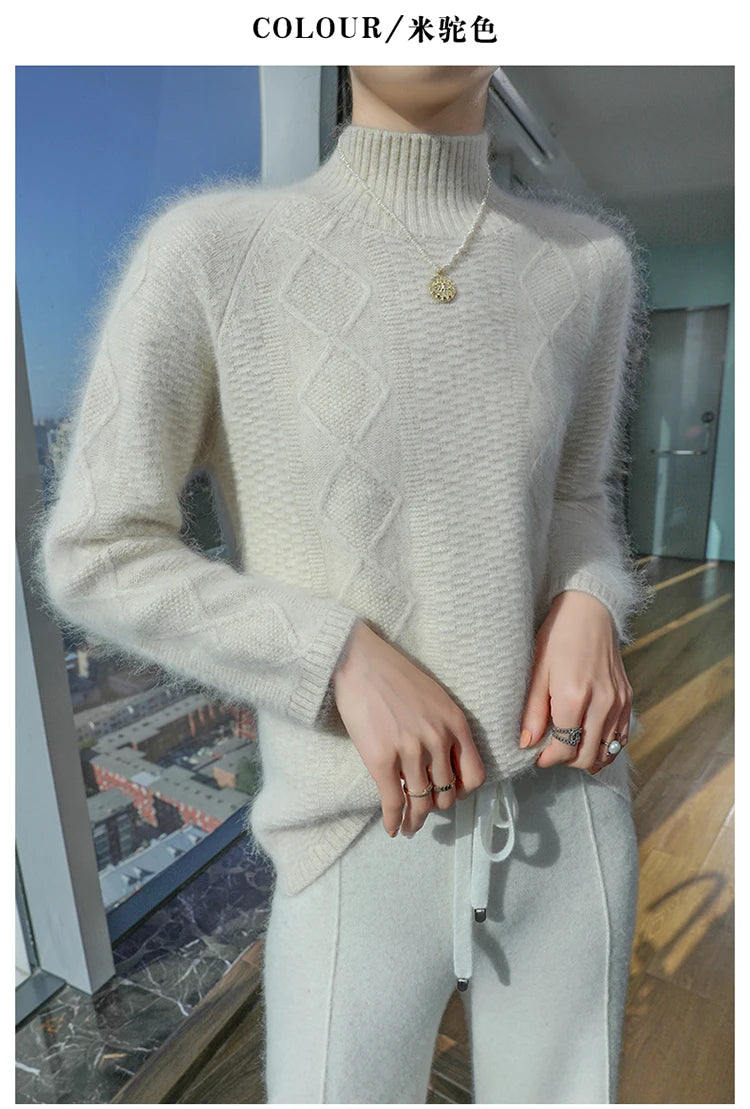 Floral Jacquard Long Sleeve High Neck Knit Sweater for Women