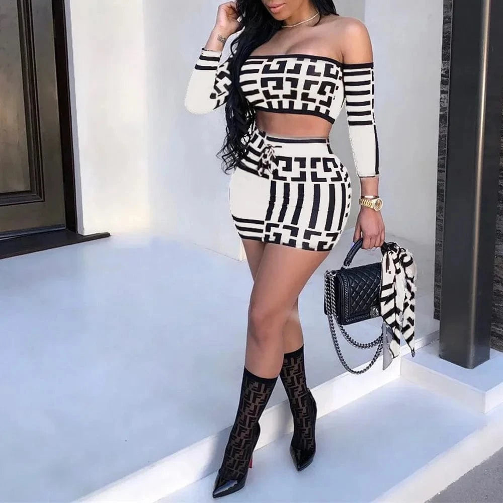 Two Piece Sexy Women's Printed Dress, Summer Long Sleeved Slim Fit One Line Collar, Elegant Party Club Party Mini Skirt Y2k Set