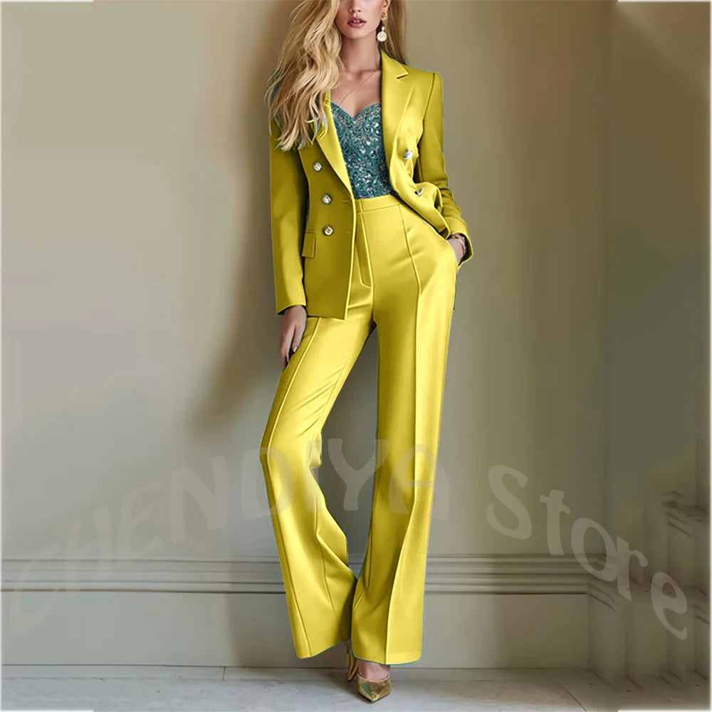 Solid Color Suit For Women High Quality Double Breasted Two Piece Notch Lapel Slim Fit Elegant Fashion Female Outfit Jacket Pant