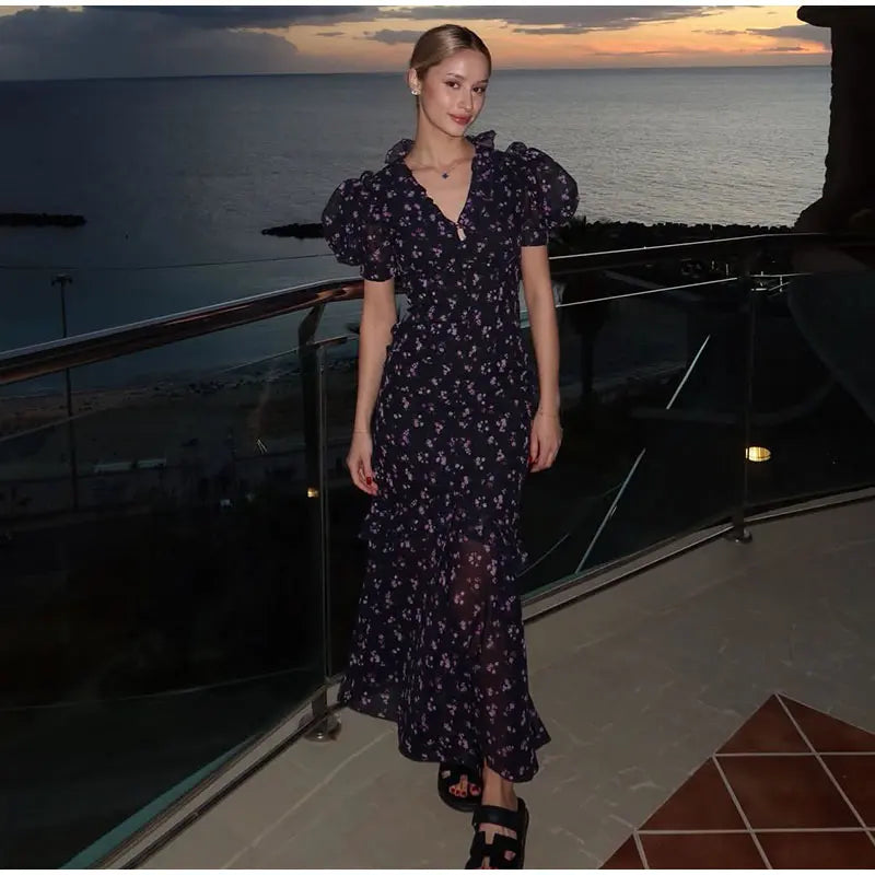 Printed Lace Trim V Neck Puff Sleeve Maxi Dress for Women