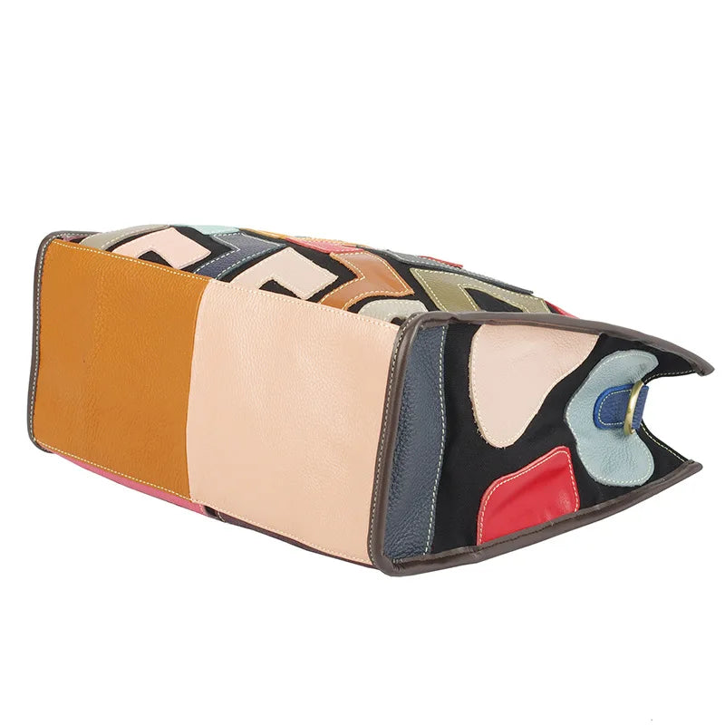 Genuine leather women's bag, ethnic style color contrasting design, large capacity tote bag, women's handbag