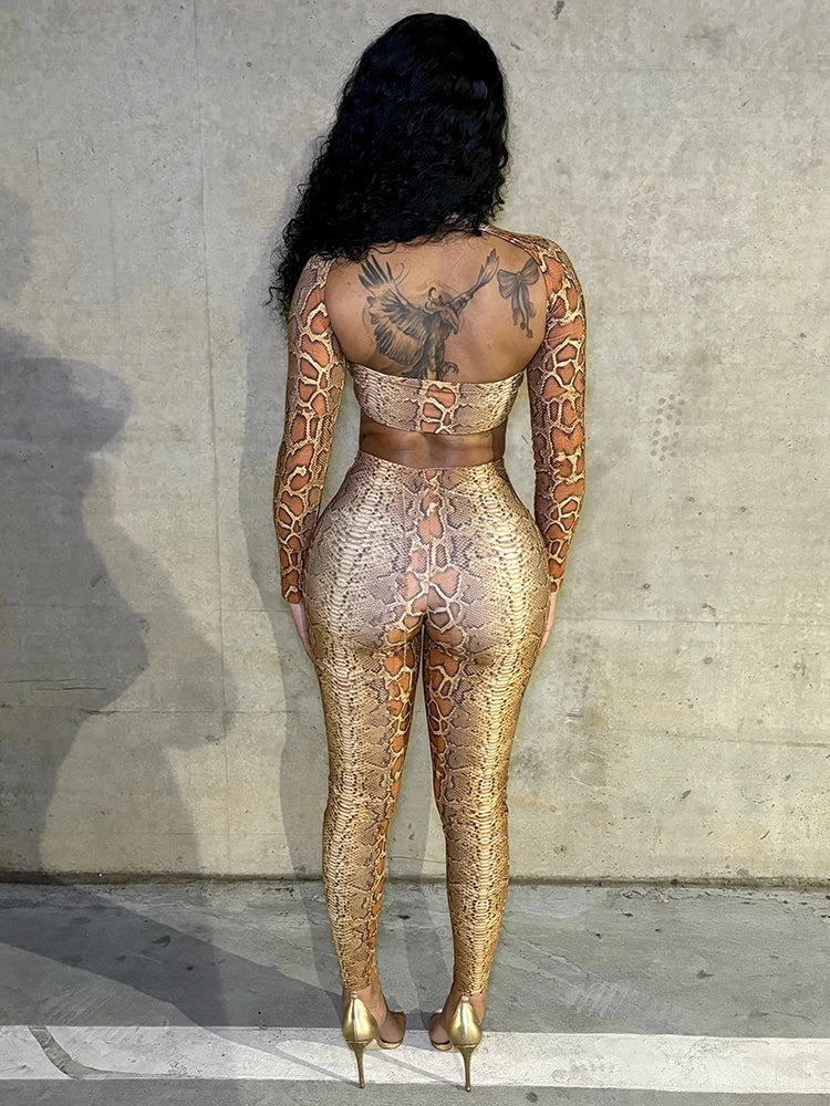 Snake Print Backless Crop Top and Leggings Two-Piece Set for Women