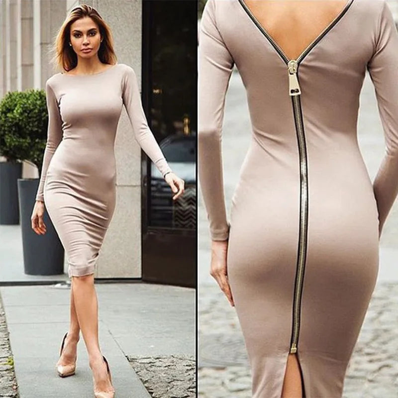 Solid Color Backless Zipper Hip Slit Slim Midi Dress for Women