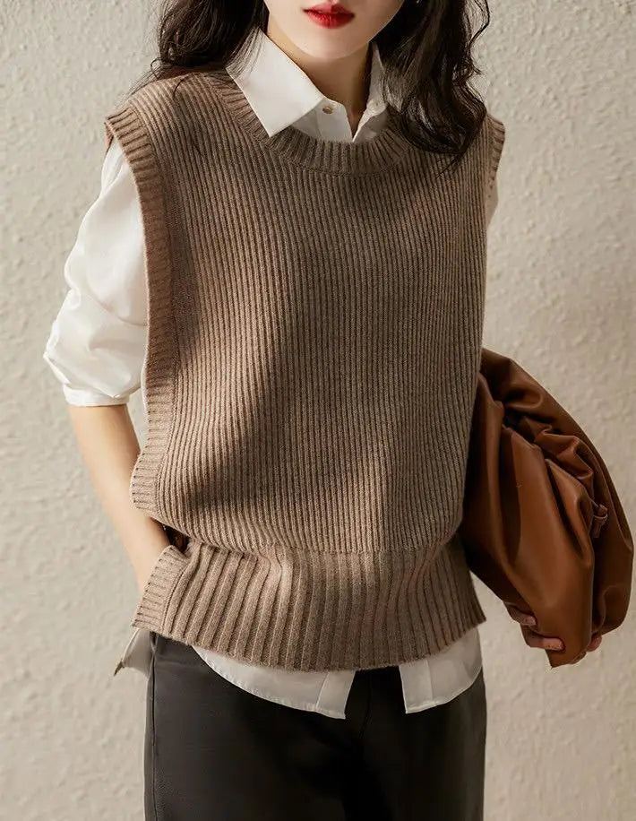 Waistcoat Round O Neck Solid Knit Vests for Women Pullover Lady Sweaters Wool Fashion 2025 Smooth Sleeveless Clothing Winter Y2k