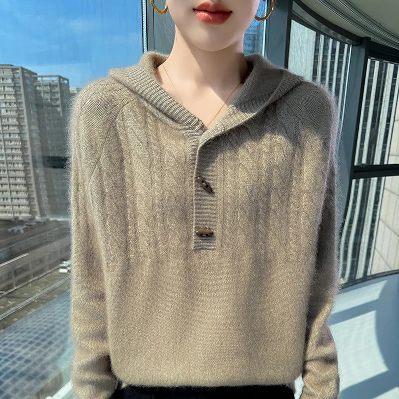 Chunky Knit Loose Hooded Pullover Sweater for Women