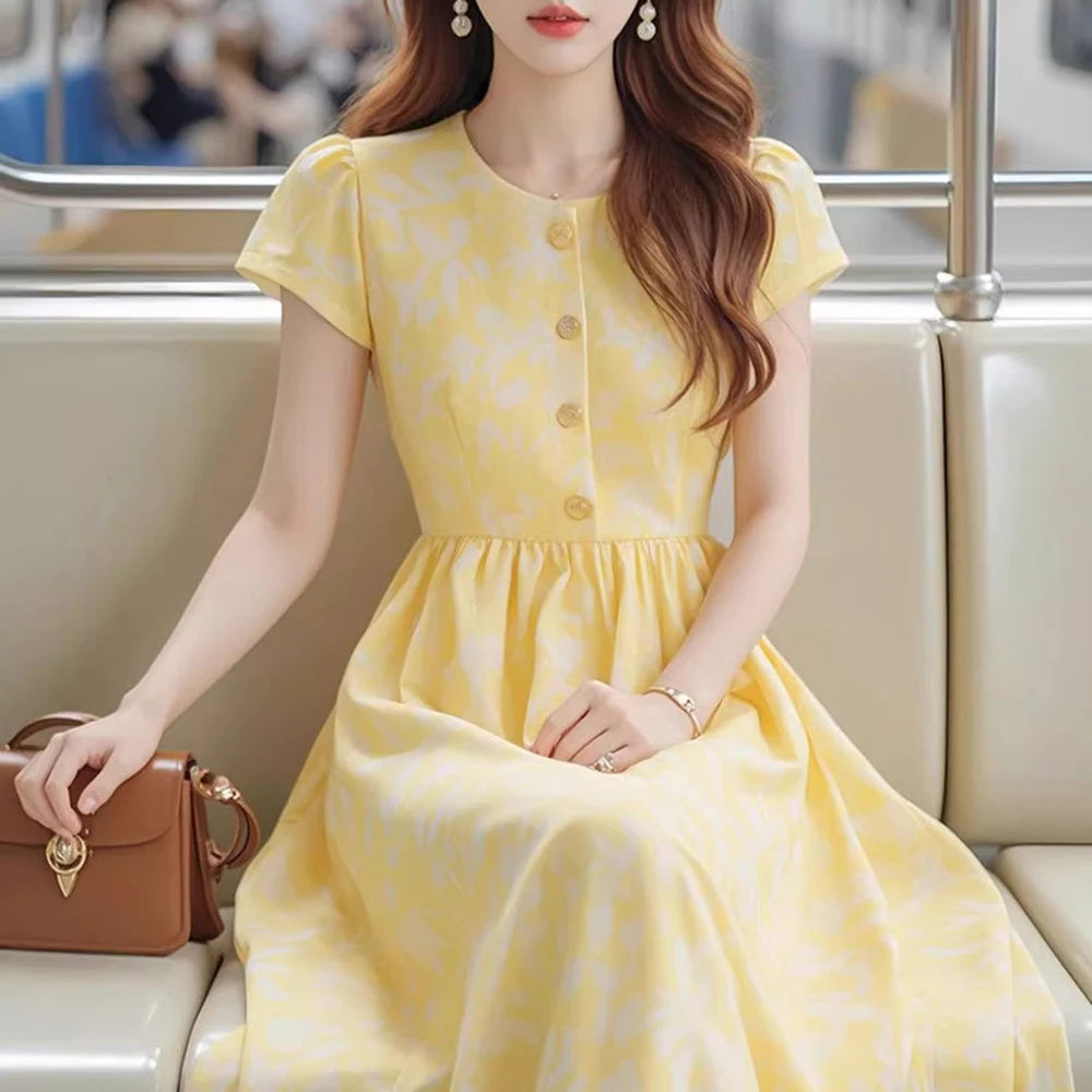 Lightweight Yellow Print Midi Dress With Cinched Waist for Women