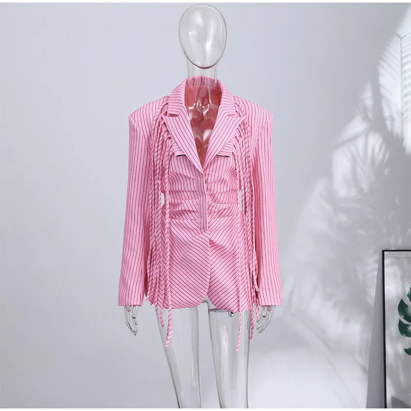 Striped Full Sleeve Blazer With Detachable Tassel Lapel for Women