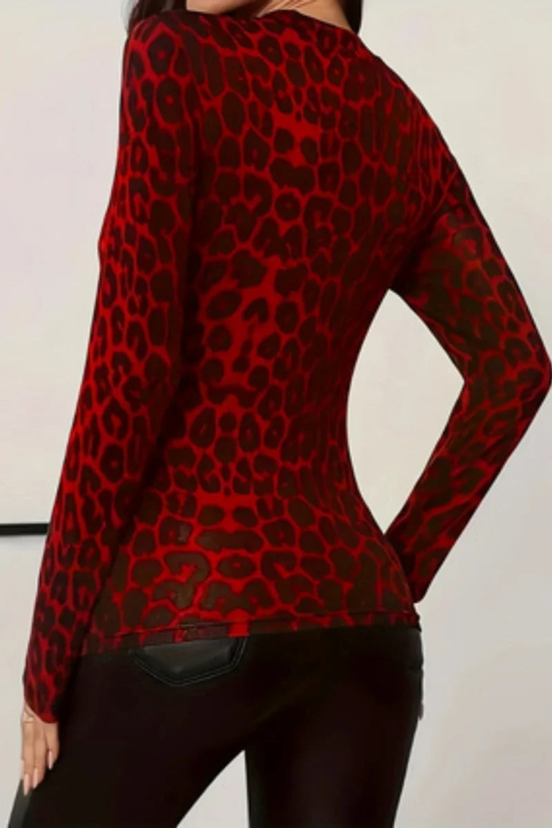 Leopard Print Slim Fit Long Sleeve Knit Top for Women