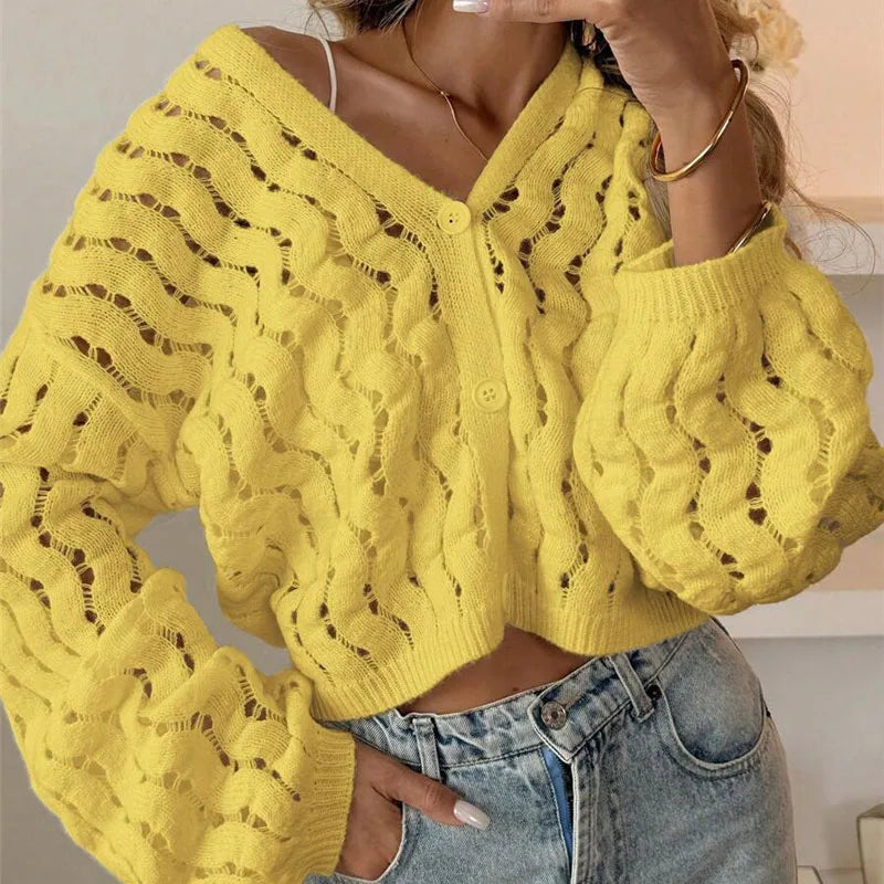 Fashion V Neck Single Breasted Crochet Jacket Woman Sexy Hollow Out Long Sleeve Knitted Sweater Casual Pure Soft Cardigan Jumper
