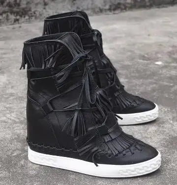 Girls Beige Black Gray Pink Suede Genuine Leather Round Toe Tassel Fringed 8 CM Height Increasing Wedges Sneakers Ankle Boots