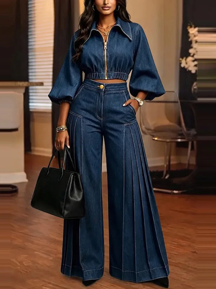 Puff Sleeve Wide Leg Denim Set