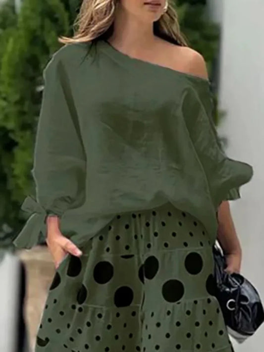 Beautyblue Elegant One-Shoulder Blouses&Shirts for Women Green Tops 2025 New Casual Loose Tied Asymmetric Fashion Female Clothes
