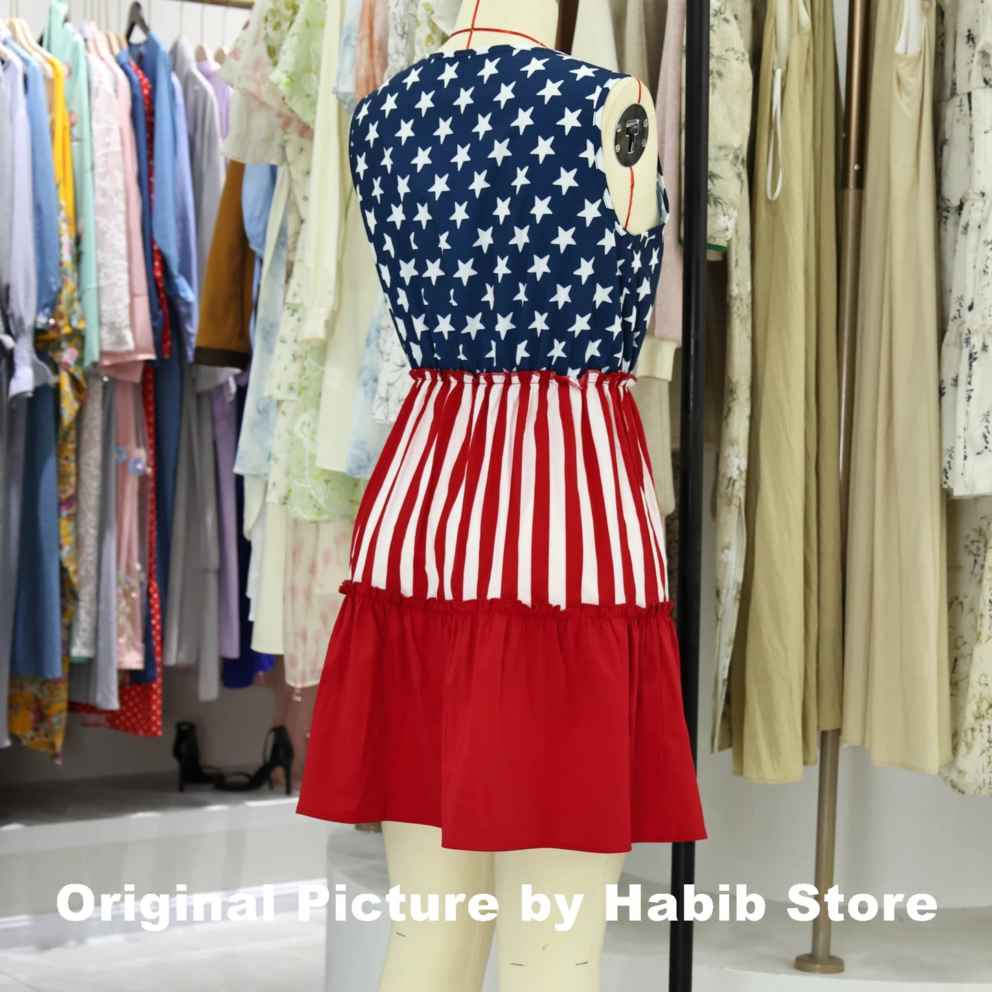 Midi Dress High Waist Ruffle Casual Sleeveless Women American Flag Star Mini Summer Girl Beach Female Vest Dress Gyaru Clothes