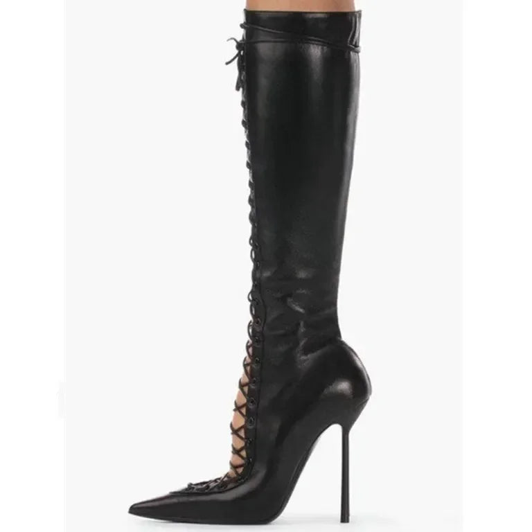 Lace Up Knee High Heeled Boots With Side Zipper for Women