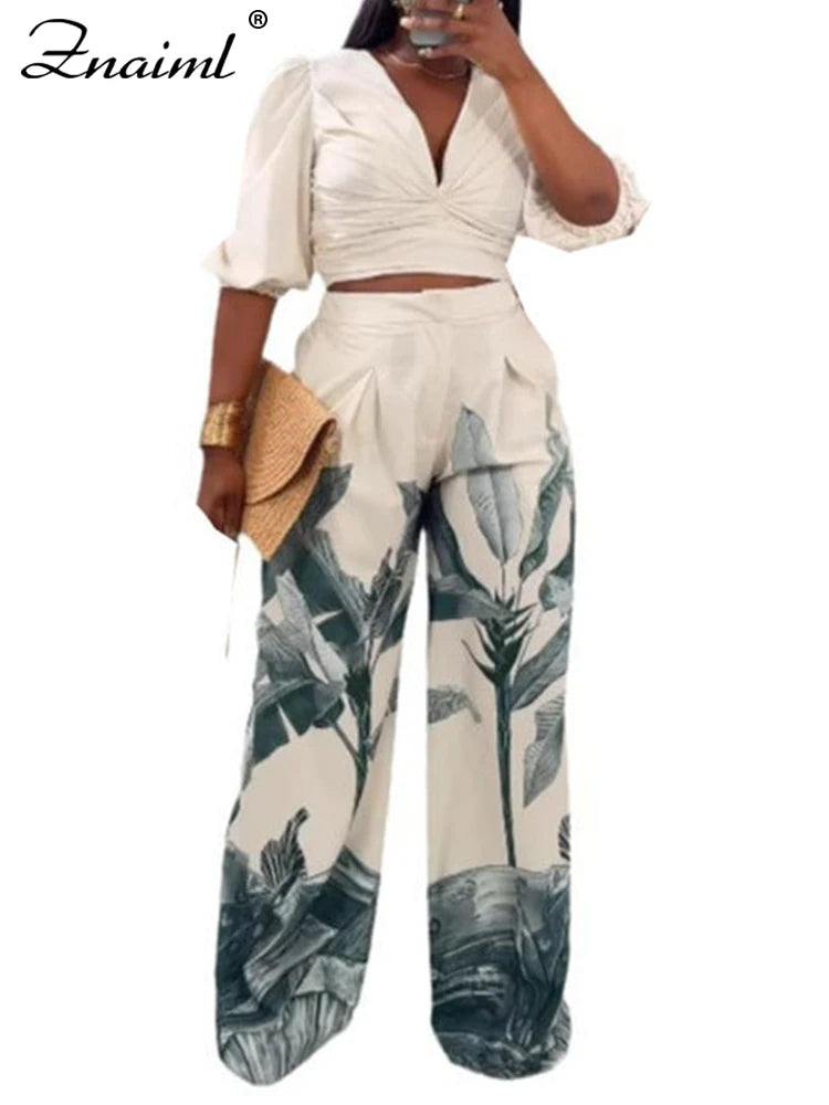 Znaiml Elegant Print Two 2 Piece Pants Sets Women Lantern Half Sleeve V-neck Ruched Crop Top and Wide Leg Pants Birhtday Outfits