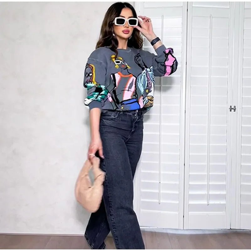 Loose Cartoon Graphic Long Sleeve Sweatshirt for Women