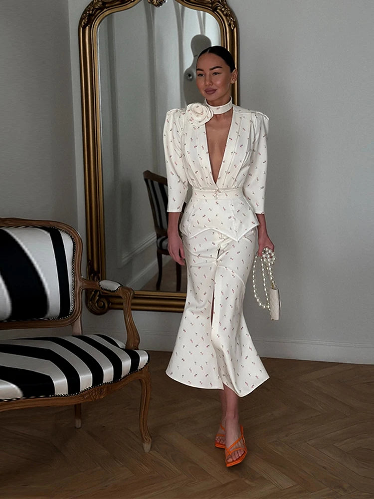 Printed Floral Three-D Button V-Neck Pleated Long Sleeve Maxi Dress for Women