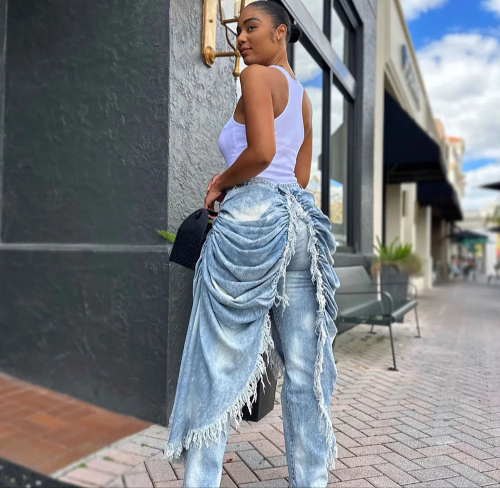 Washed Patchwork Denim Straight Pleated Pants For Women