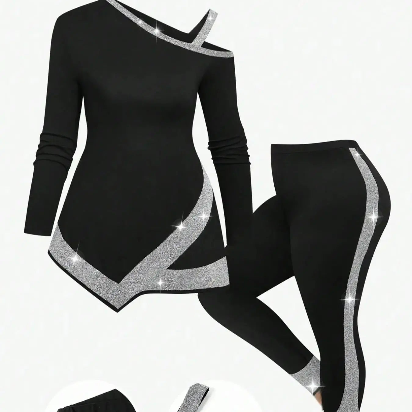 【Plus Size】 Two-Piece Set Patchwork Asymmetrical Neck Tee & Elastic Waist Pants, Casual Long Sleeve Asymmetrical Hem Top & Skinn