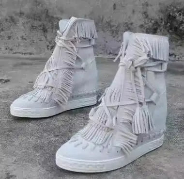 Girls Beige Black Gray Pink Suede Genuine Leather Round Toe Tassel Fringed 8 CM Height Increasing Wedges Sneakers Ankle Boots