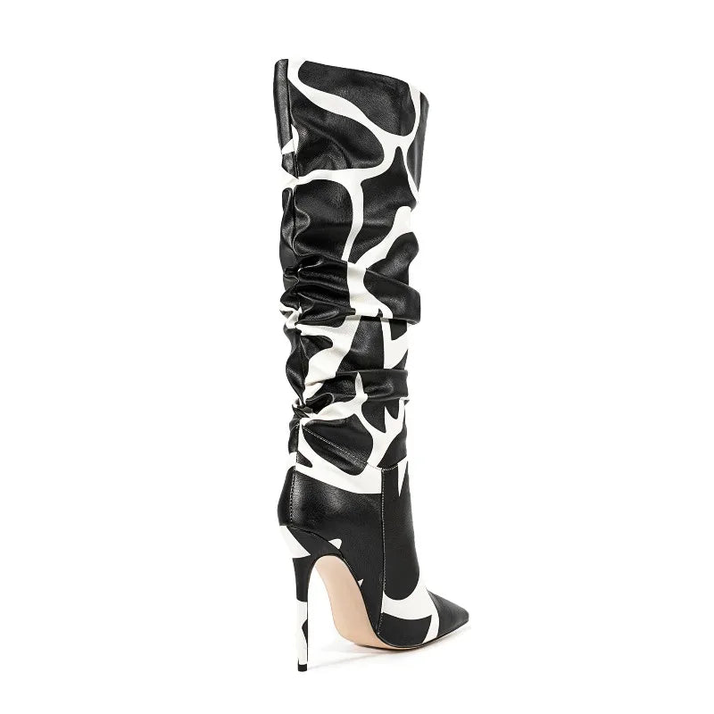 Stylish Zebra Print Pleated Knee-High Boots for Women