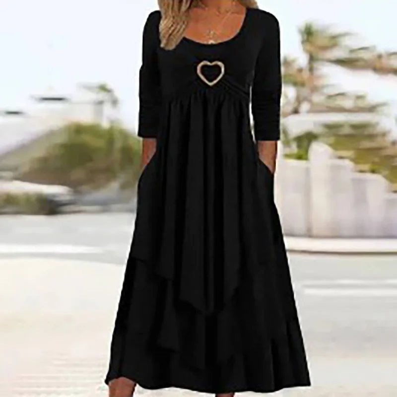 Long Sleeve Patchwork Midi Dress With Pockets for Women