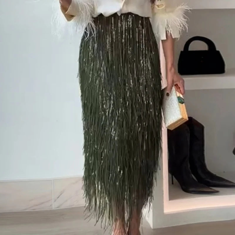 Fashion Lapel Button Shirt & Fringed Skirt Set Women Casual Long Sleeve Party Skirt Outfits Elegant Sequined Long Skirt 2Pc Suit
