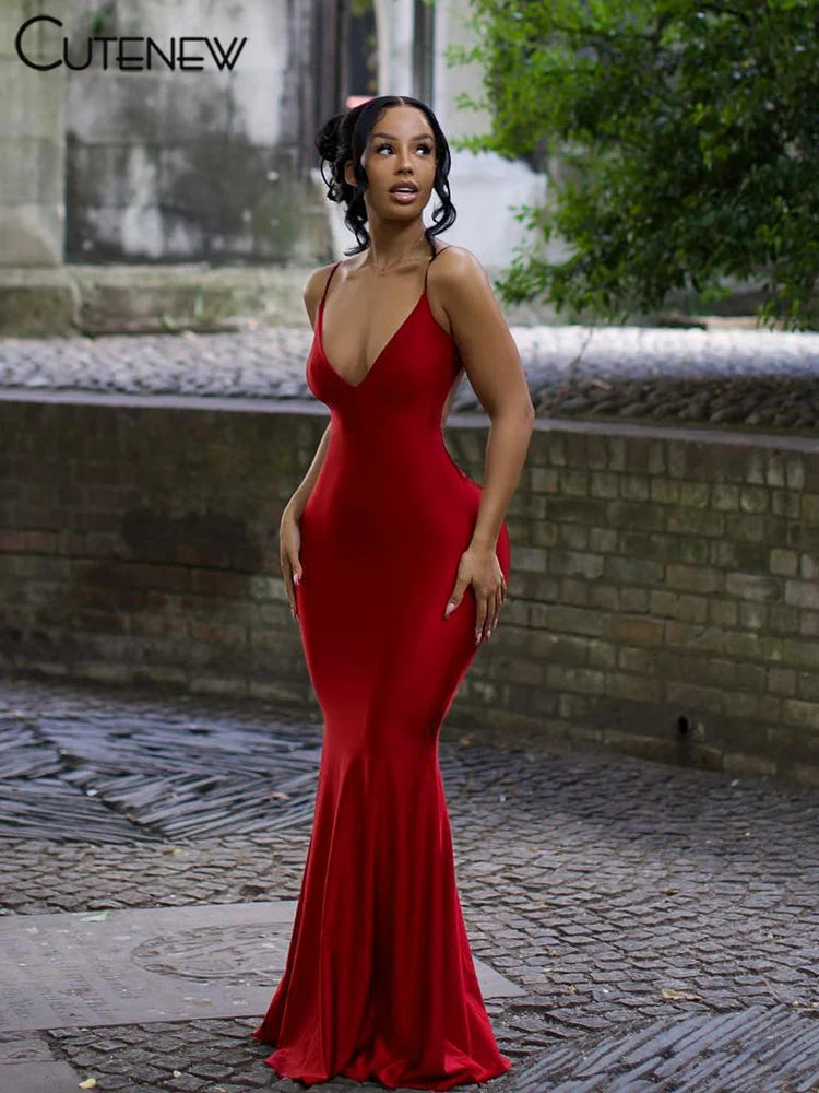 Red Shiny Backless Maxi Dress
